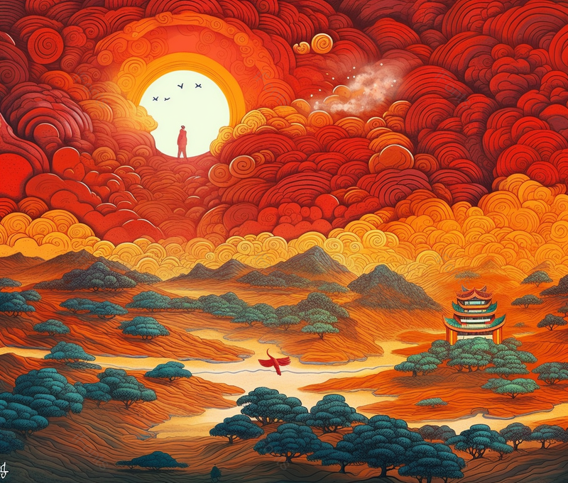 古代神话后裔夸父风宫殿建筑插画远山仙鹤祥云天灯绽放国潮插画,插画/手绘图,插画/手绘图库,插画/手绘图下载,插画/手绘